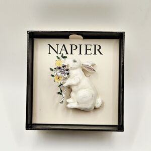 Napier White Enamel Easter Bunny Rabbit Brooch Pin Floral Bouquet In Box Jewelry